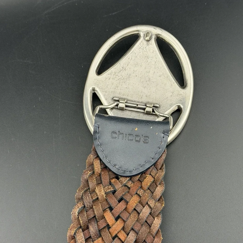 Chico's Women's Navy Blue Woven Slouch Belt Silver Gem Stones Buckle Small *NOTE